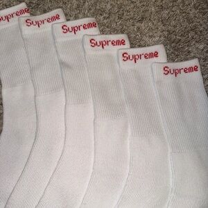 Supreme White Crew Socks with Red Logo - Set of 3